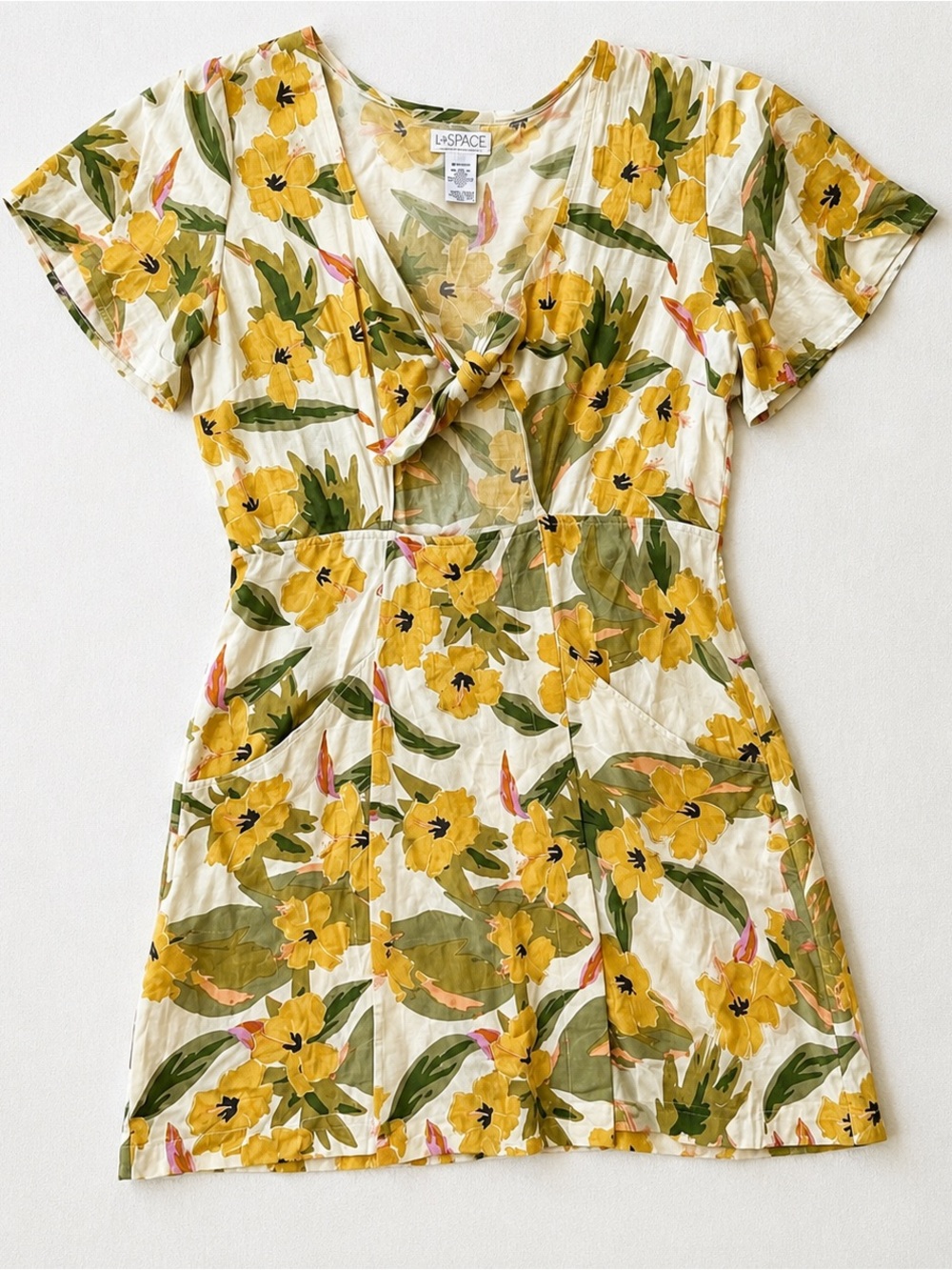 L*Space Floral Tie Front Mini Dress Yellow Green Linen Blend Size Medium
